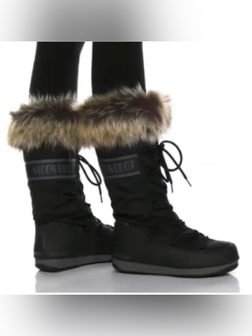 Moon Boot RARE Black Winter Lace-Up Snow Boots with Brown Fur Cuff HTF